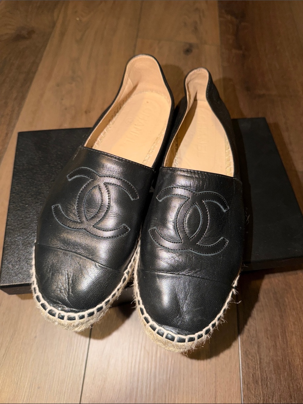 CHANEL Black Leather Espadrilles with Tan Jute Trim